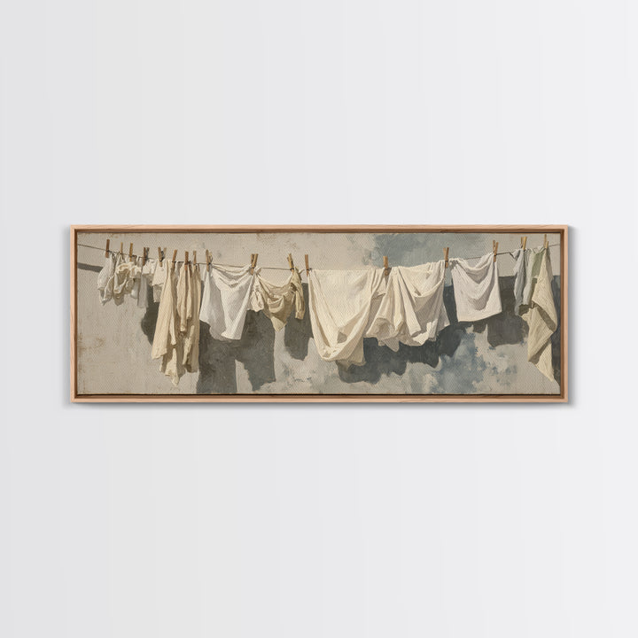 Clothesline with White Linens Blowing in Sunshine Canvas Print, Laundry Room Art, Digital Art Print, Living Room Decor, Clean, LRA-3x1-89