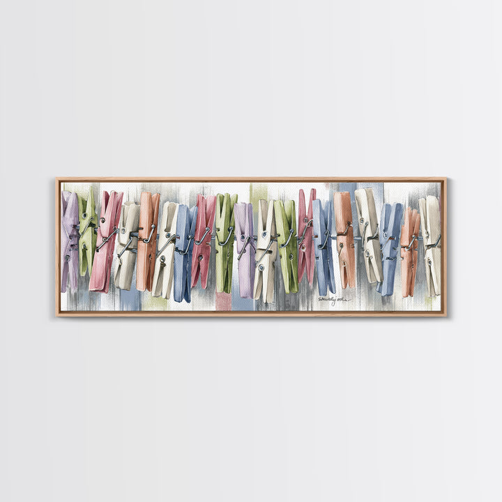 Cheerful Clothespins Arranged as Pattern Canvas Print, Laundry Room Art, Oil Painting, Living Room Decor, Clean, LRA-3x1-92