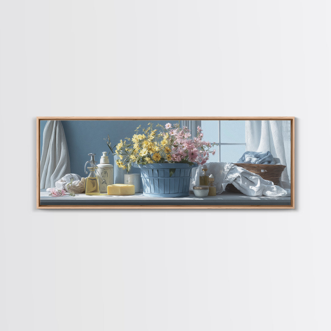 Blue Laundry Basket Canvas Print, Laundry Room Art, Funny Poster, Living Room Decor, Oil Painting, Clean, Minimalist Decor, LRA-3x1-93