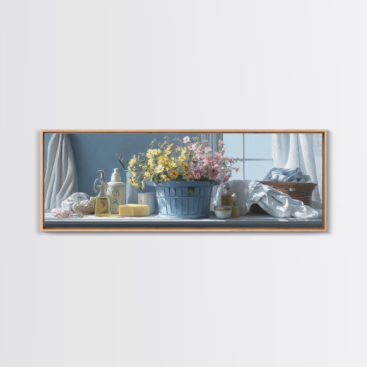 Blue Laundry Basket Canvas Print, Laundry Room Art, Funny Poster, Living Room Decor, Oil Painting, Clean, Minimalist Decor, LRA-3x1-93