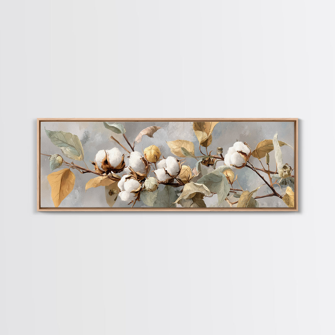 Fresh Cotton Branch Botanical Study Canvas Print, Laundry Room Art, Textured Painting, Living Room Decor, Fine Art, Clean, LRA-3x1-95
