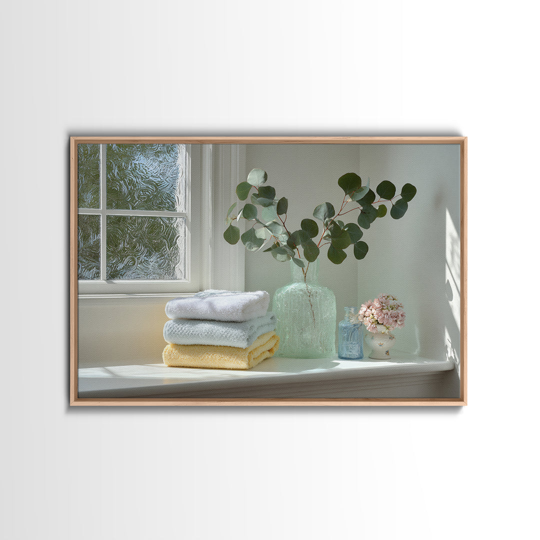 Sunlit White Towels and Eucalyptus Branch Framed Canvas Print, Laundry Room Art, New Home Gift, Living Room Decor, LRA-3x2-15