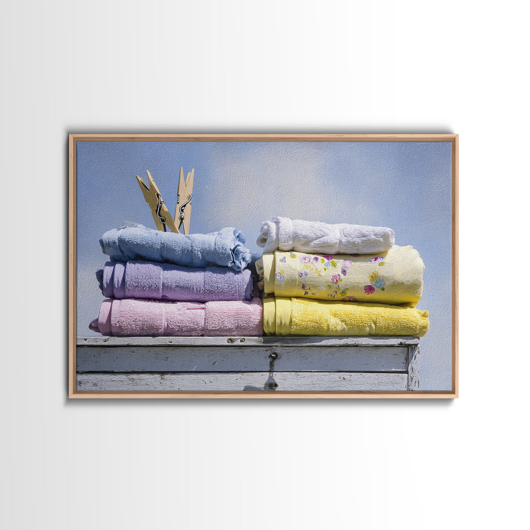 Basket of Folded Towels Framed Canvas Print, Laundry Room Art, Digital Print, Living Room Decor, Clean, Custom Wall Art, LRA-3x2-18