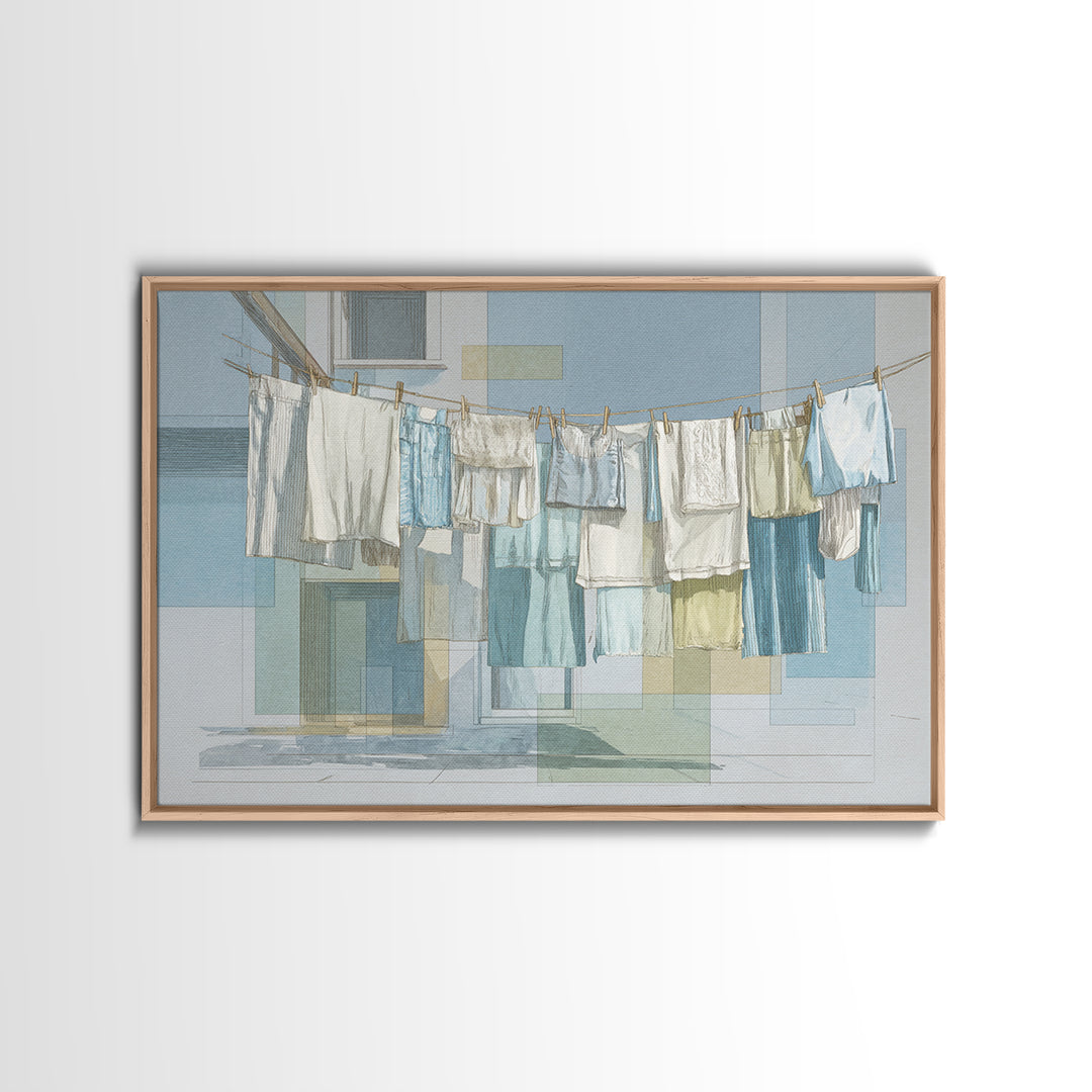 Simple Line Drawing of Hanging Laundry Framed Canvas Print, Laundry Room Art, Wall Art Print, Living Room Decor, Abstract Art, LRA-3x2-20