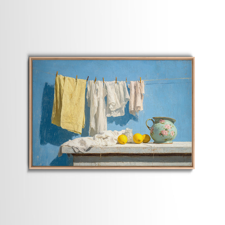 Lemon and Clean Linen Still Life Framed Canvas Print, Laundry Room Art, Living Room Decor, Abstract Art, Clean, LRA-3x2-31