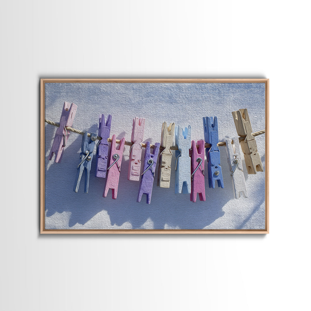 Cheerful Clothespins Arranged as Pattern Canvas Print, Laundry Room Art, Farmhouse Wall Decor, Living Room Decor, Clean, LRA-3x2-32