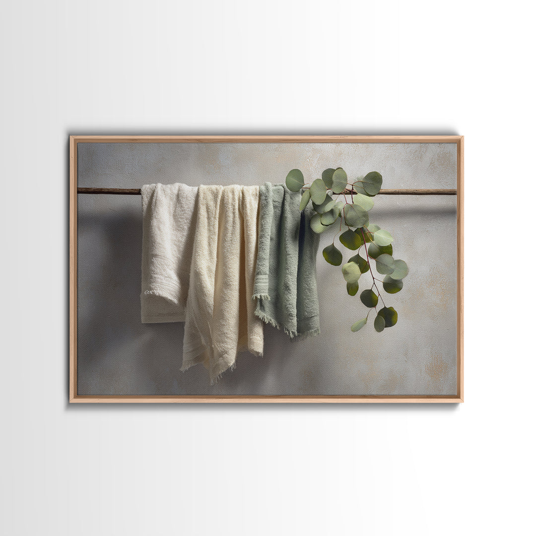 Sunlit White Towels and Eucalyptus Branch Framed Canvas Print, Laundry Room Art, Neutral Decor, Living Room Decor, LRA-3x2-39