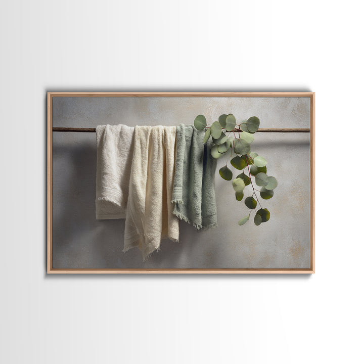 Sunlit White Towels and Eucalyptus Branch Framed Canvas Print, Laundry Room Art, Neutral Decor, Living Room Decor, LRA-3x2-39