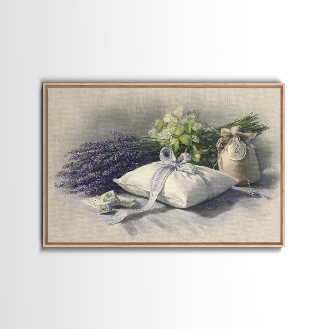 Lavender Sachet and Ribbon Still Life Framed Canvas Print, Laundry Room Art, Downloadable Art, Living Room Decor, Clean, LRA-3x2-45