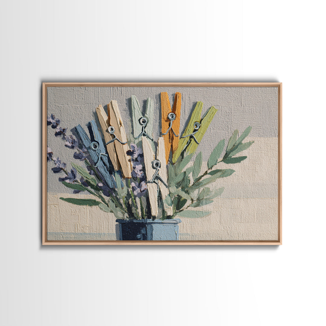 Clothespin Bouquet in Folk Art Style Canvas Print, Laundry Room Art, Farmhouse Wall Art, Living Room Decor, Fine Art, Clean, LRA-3x2-48