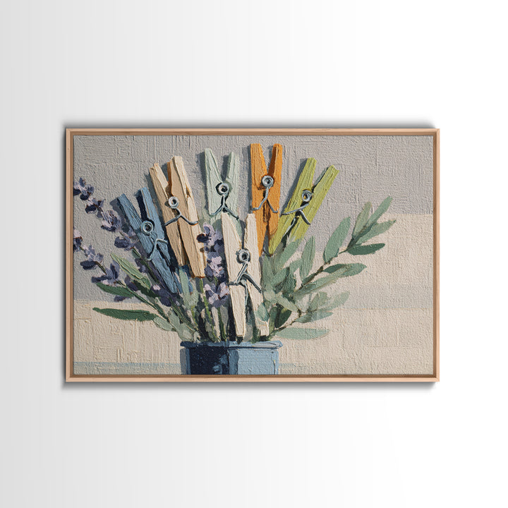 Clothespin Bouquet in Folk Art Style Canvas Print, Laundry Room Art, Farmhouse Wall Art, Living Room Decor, Fine Art, Clean, LRA-3x2-48