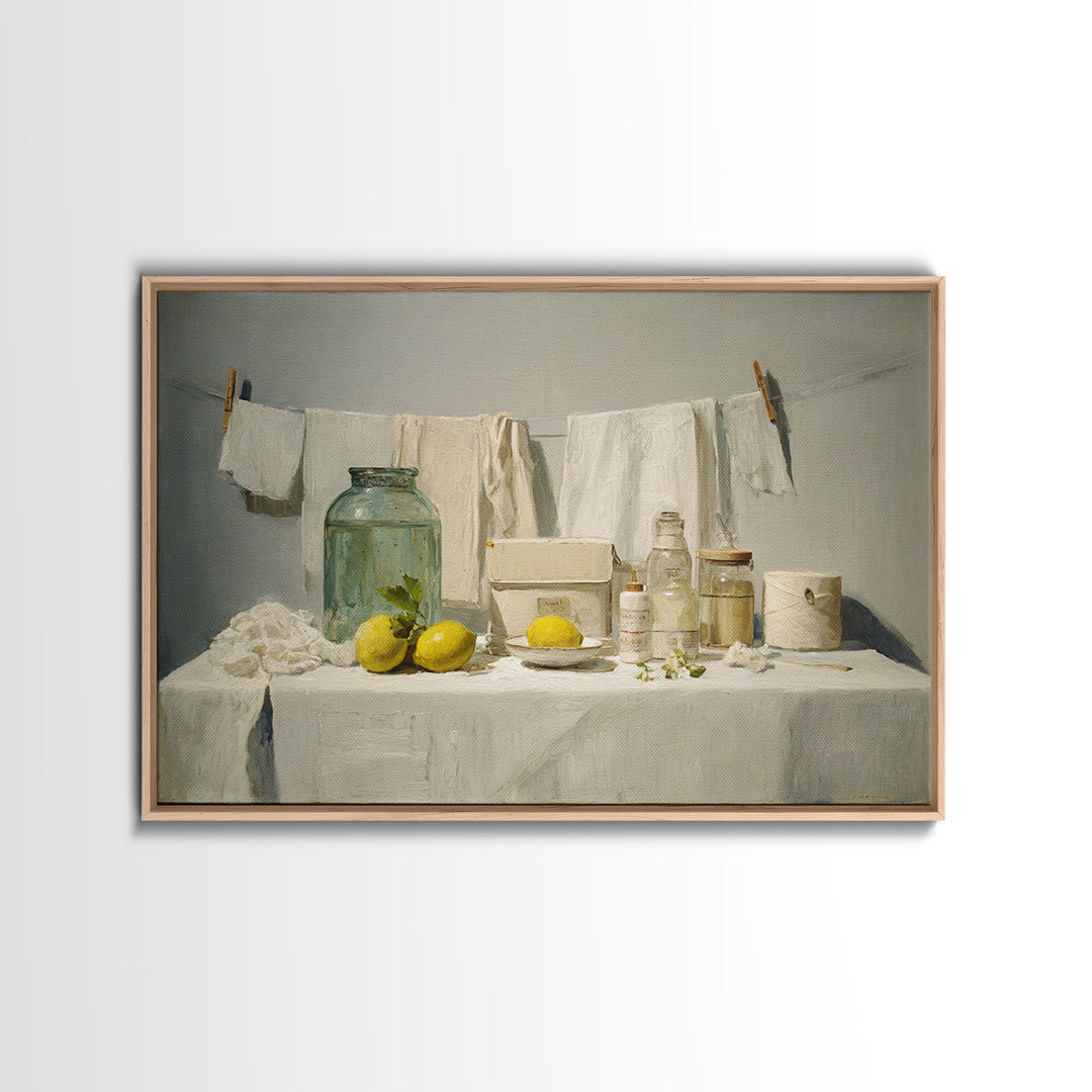 Lemon and Clean Linen Still Life Framed Canvas Print, Laundry Room Art, Digital Art, Living Room Decor, Abstract Art, Clean, LRA-3x2-55