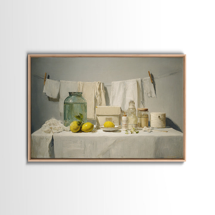 Lemon and Clean Linen Still Life Framed Canvas Print, Laundry Room Art, Digital Art, Living Room Decor, Abstract Art, Clean, LRA-3x2-55