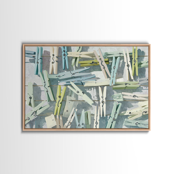 Cheerful Clothespins Arranged as Pattern Framed Canvas Print, Laundry Room Art, Farmhouse Decor, Living Room Decor, LRA-3x2-8