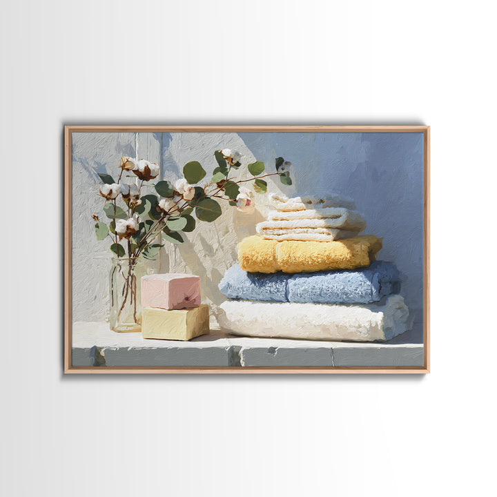 Sunlit White Towels and Eucalyptus Branch Framed Canvas Print, Laundry Room Art, Fine Art Print, Living Room Decor, Clean, LRA-3x2-87