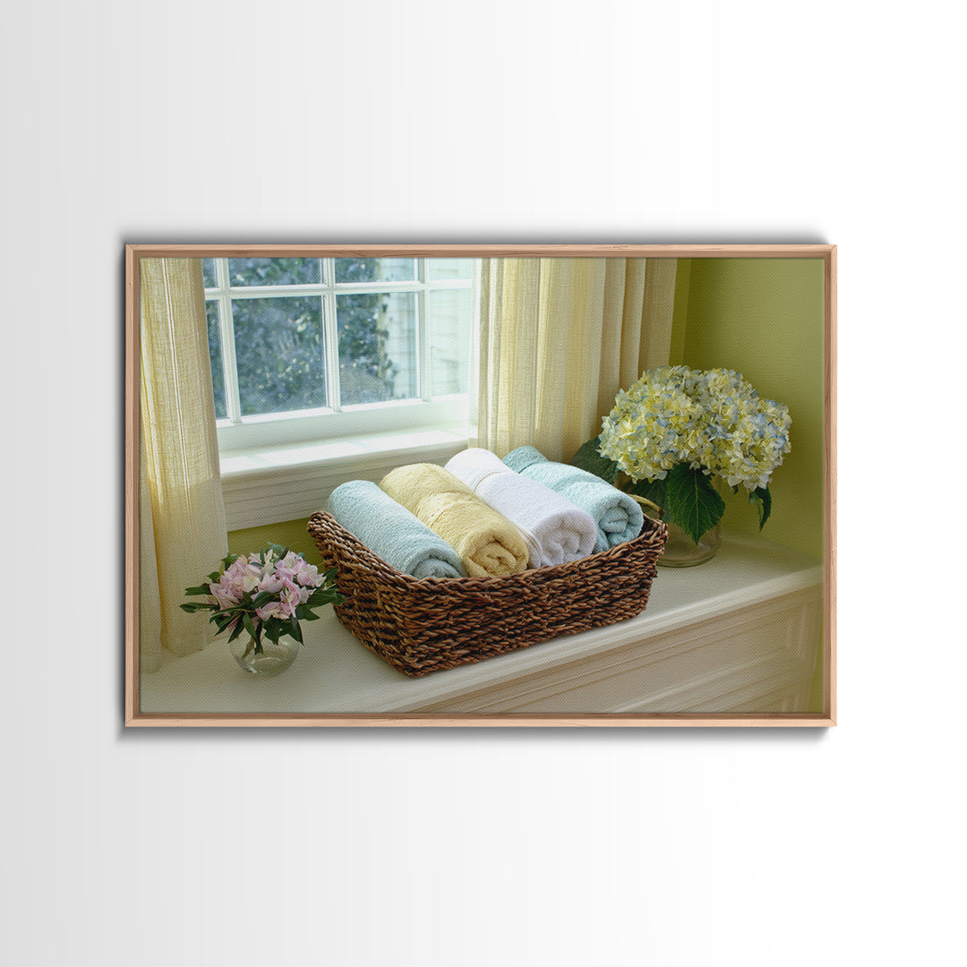 Basket of Folded Towels Framed Canvas Print, Laundry Room Art, Minimalist Wall Art, Living Room Decor, Fine Art, Clean, LRA-3x2-90