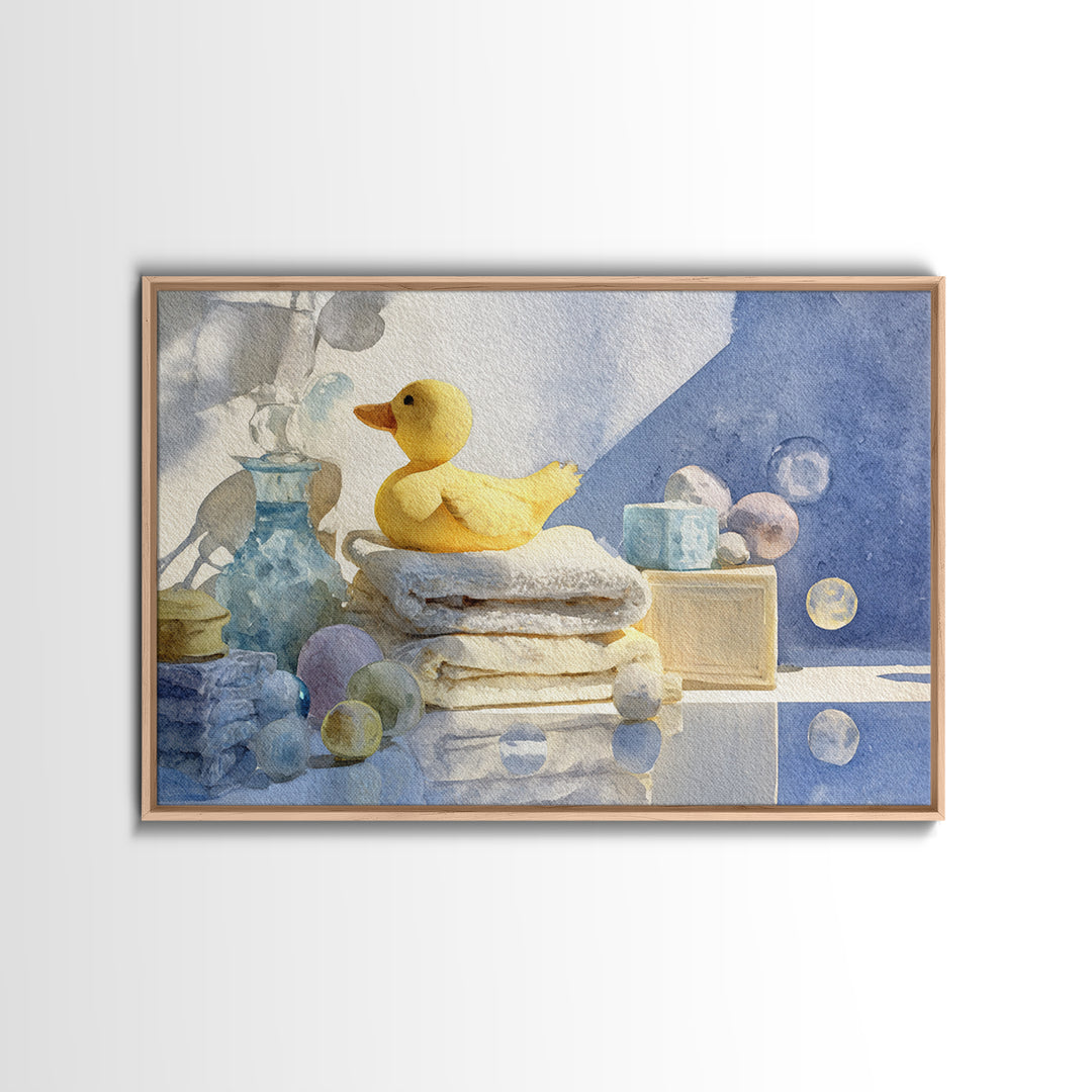 Duck and Bubbles Whimsical Watercolor Framed Canvas Print, Laundry Room Art, Painting, Living Room Decor, Oil Painting, Clean, LRA-3x2-91