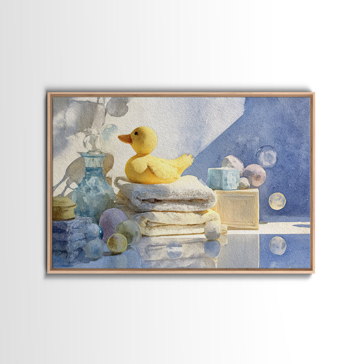 Duck and Bubbles Whimsical Watercolor Framed Canvas Print, Laundry Room Art, Painting, Living Room Decor, Oil Painting, Clean, LRA-3x2-91