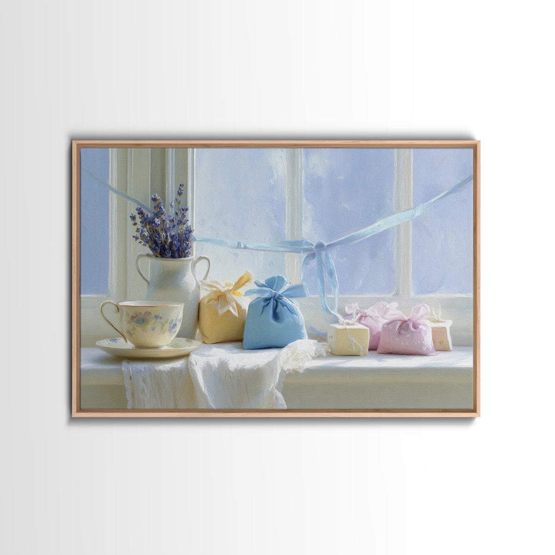 Lavender Sachet and Ribbon Still Life Canvas Print, Laundry Room Art, Digital Art Print, Living Room Decor, Fine Art, Clean, LRA-3x2-93