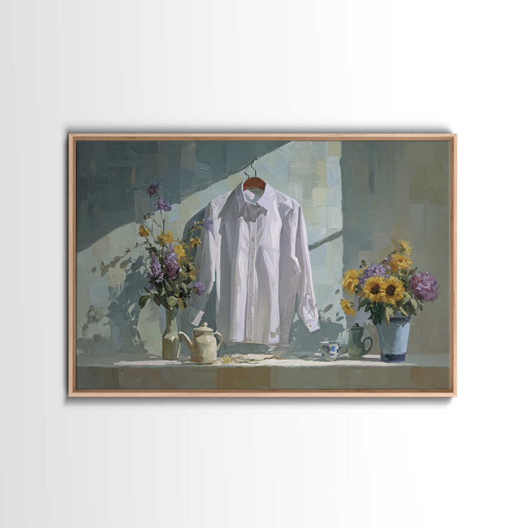 White Shirt on Hanger Framed Canvas Print, Laundry Room Art, Funny Poster, Living Room Decor, Watercolor Art, Clean, LRA-3x2-97