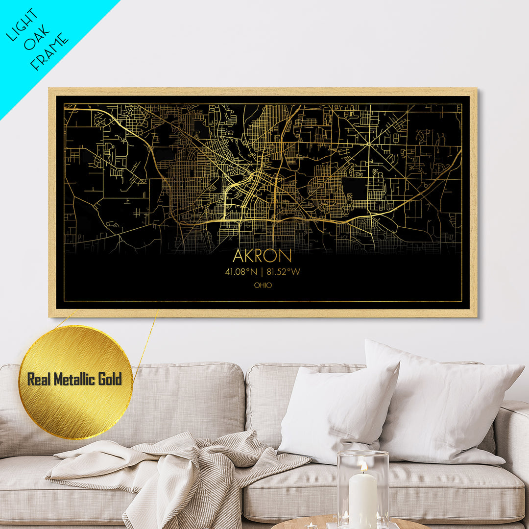 Akron Ohio City street map, Metallic Gold Print, Metal Art, wood framed map, black and gold, Street Map Art, Modern Wall Art, Housewarming Gift