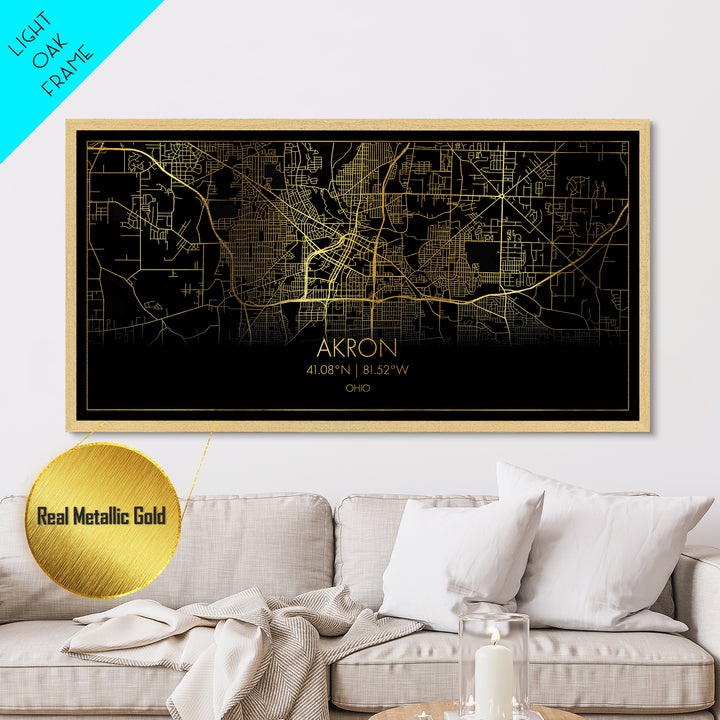 Akron Ohio City street map, Metallic Gold Print, Metal Art, wood framed map, black and gold, Street Map Art, Modern Wall Art, Housewarming Gift