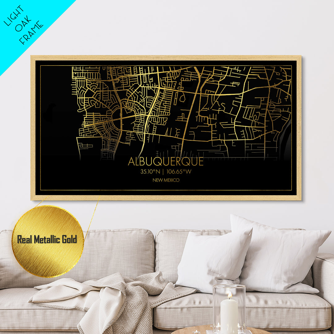 Albuquerque New Mexico City Poster, Metallic Gold Art, Metal Art, real wood frames, black and gold, Street Map Wall Art, Gold Street Map Art