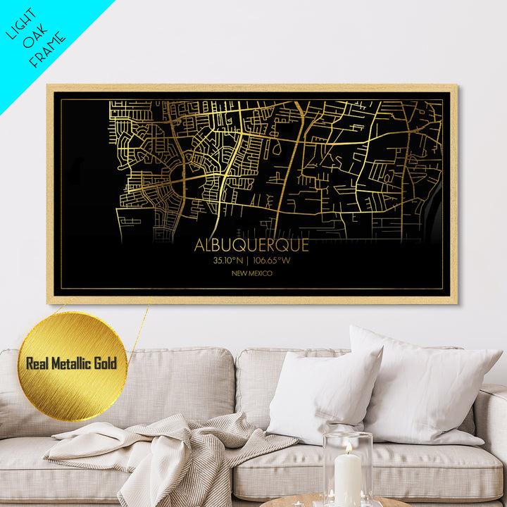 Albuquerque New Mexico City Poster, Metallic Gold Art, Metal Art, real wood frames, black and gold, Street Map Wall Art, Gold Street Map Art