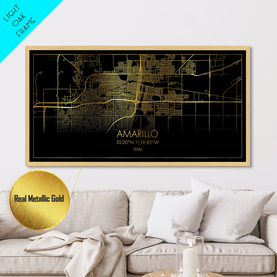 Amarillo Texas City street map, Metallic Gold Print, Metal Art, wood framed map, black and gold, Street Map Art, Minimalist Wall Art, Modern House Art