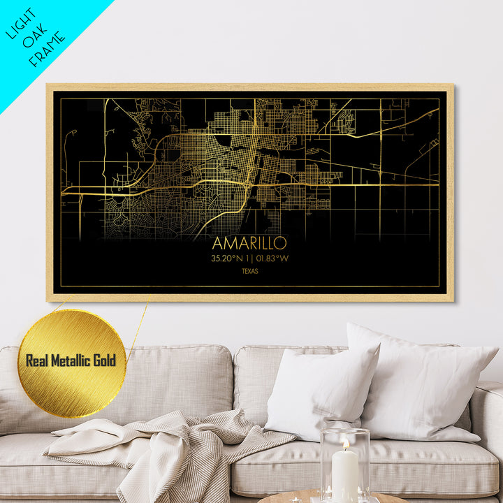 Amarillo Texas City street map, Metallic Gold Print, Metal Art, wood framed map, black and gold, Street Map Art, Minimalist Wall Art, Modern House Art