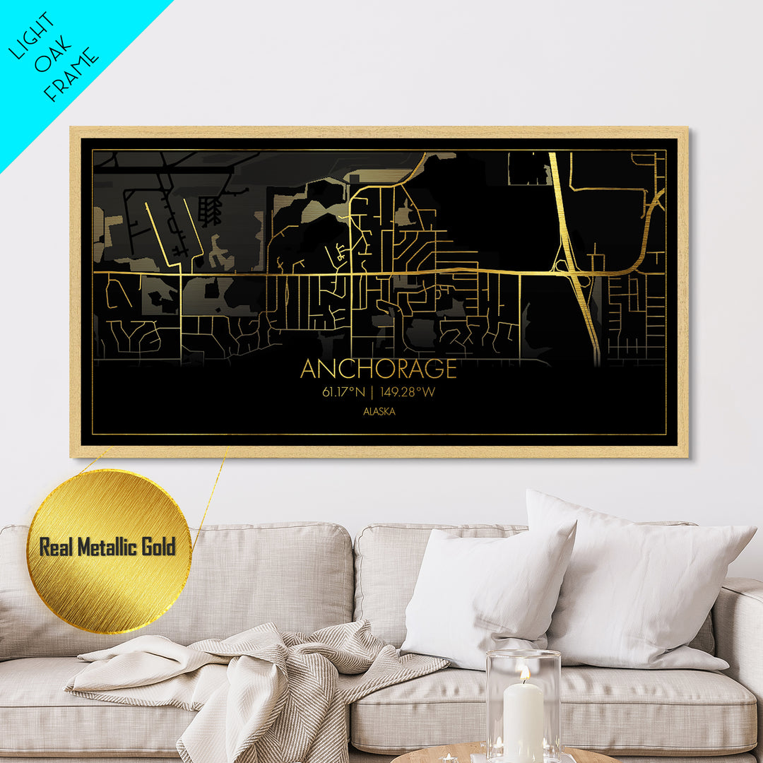 Anchorage Alaska City street map, Metallic Gold Print, Metal Art, wood framed map, black and gold, Street Map Wall Art, Best Friend Gifts, Modern Wall Art
