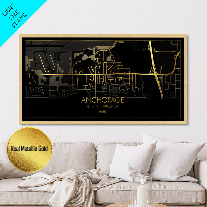 Anchorage Alaska City street map, Metallic Gold Print, Metal Art, wood framed map, black and gold, Street Map Wall Art, Best Friend Gifts, Modern Wall Art