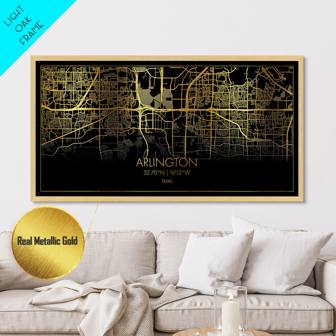 Arlington Texas City Poster, Metallic Gold Art, Metal Art, real wood frames, black and gold, Street Map Art, College Dorm Décor, Wall Art, Map Art