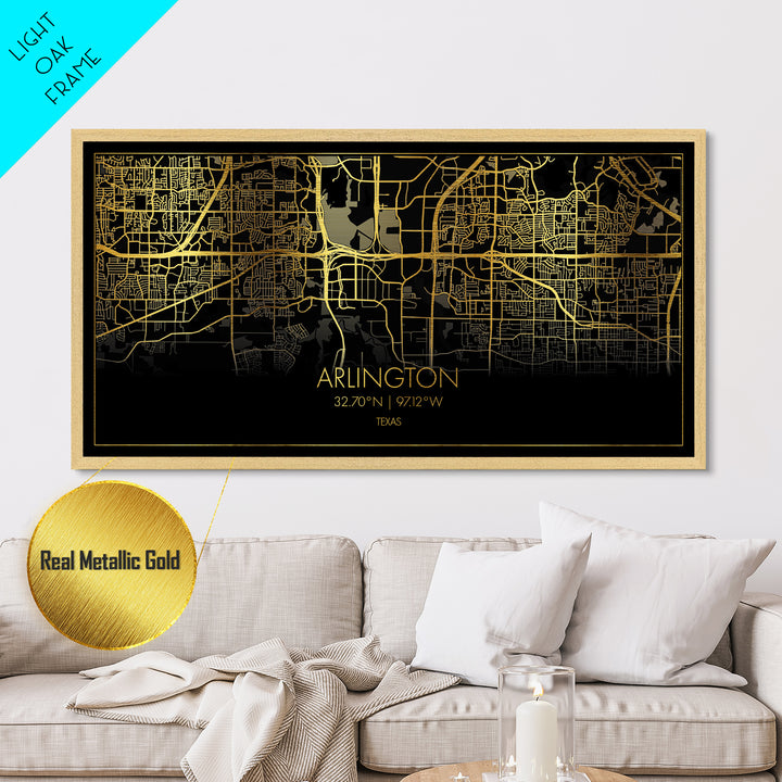 Arlington Texas City Poster, Metallic Gold Art, Metal Art, real wood frames, black and gold, Street Map Art, College Dorm Décor, Wall Art, Map Art