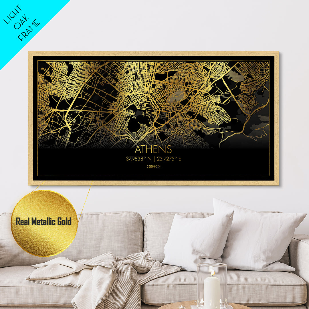 Athens Greece City street map, Metallic Gold Print, Metal Art, wood framed map, black and gold, Street Map Art, Housewarming Gift, Travel Poster