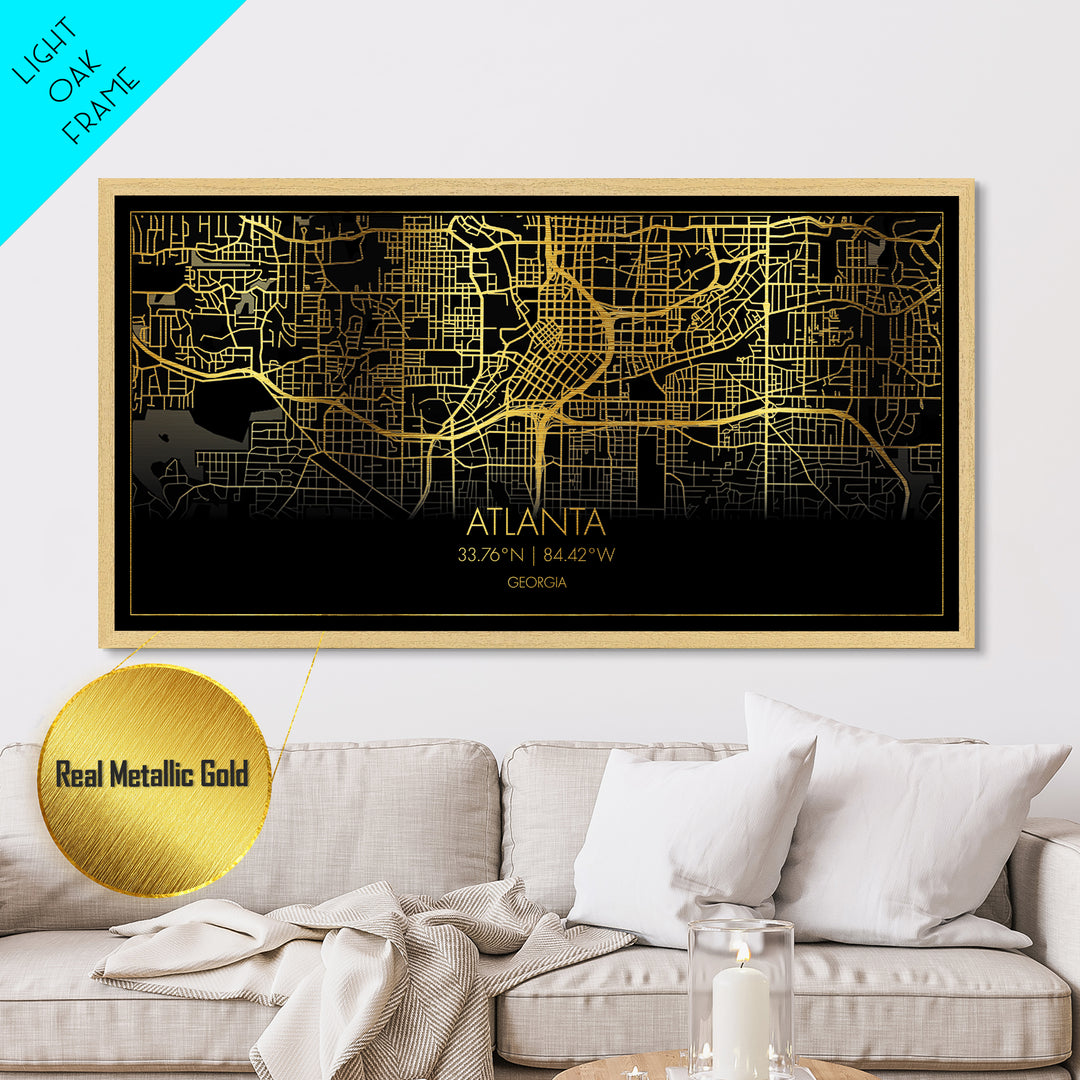 Atlanta Georgia City Poster, Metallic Gold Art, Metal Art, real wood frames, black and gold, Street Map Wall Art, Office Decor, Real Wood Frames