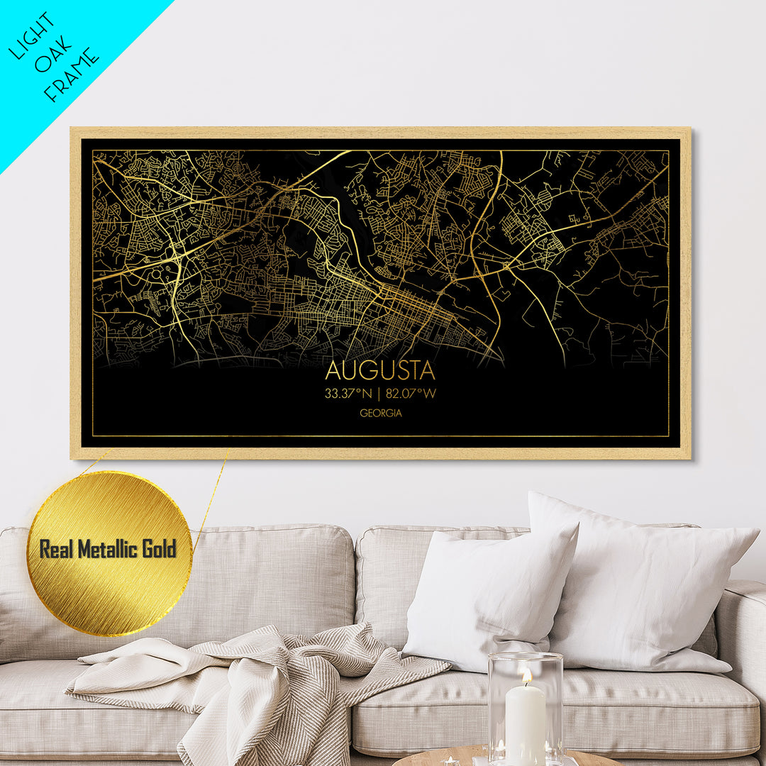 Augusta Georgia City street map, Metallic Gold Print, Metal Art, wood framed map, black and gold, Street Map Art, Gold Street Map Art, Travel Poster