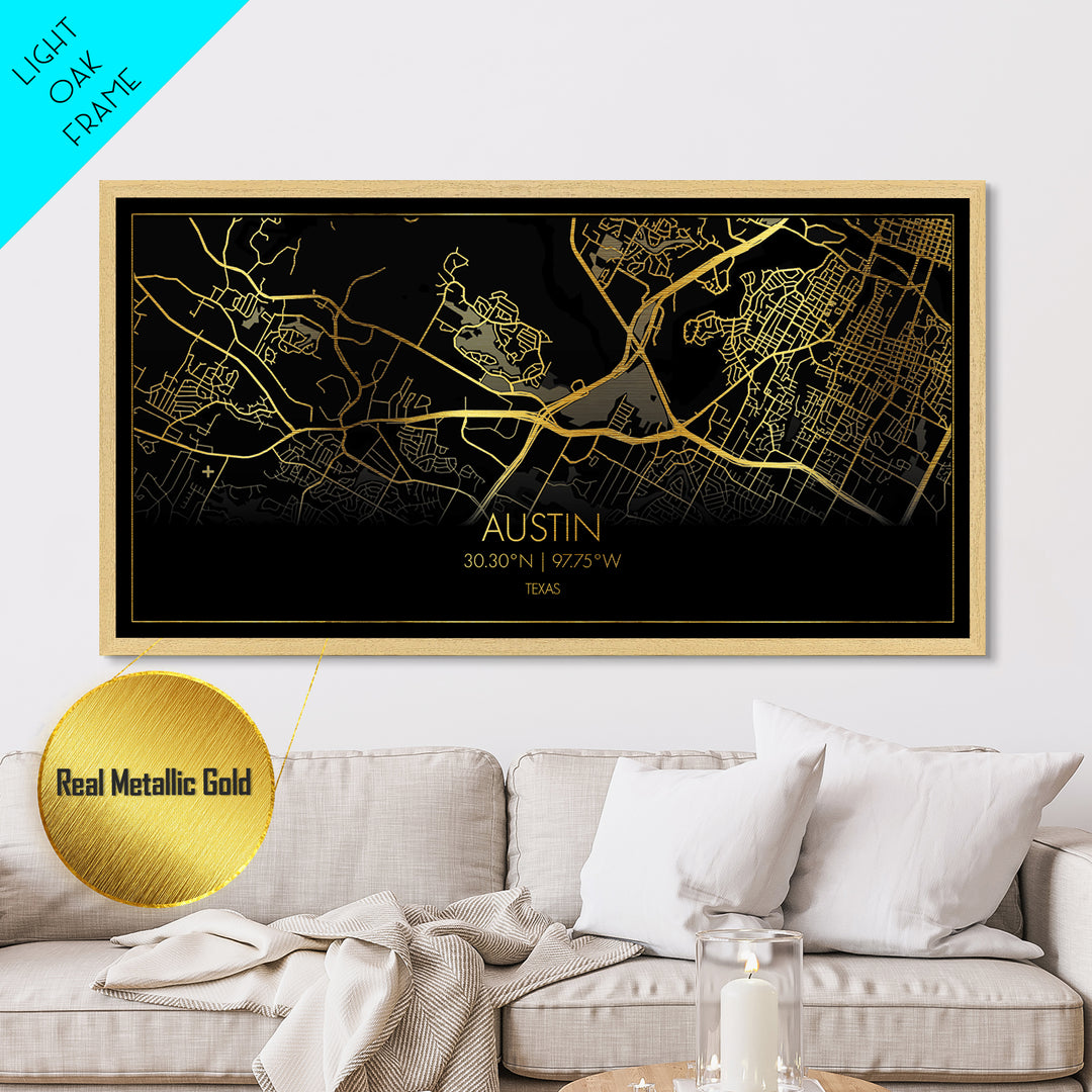 Austin Texas City Poster, Metallic Gold Art, Metal Art, real wood frames, black and gold, Map Art, Real Wood Frames, Travel Poster, Street Map Art