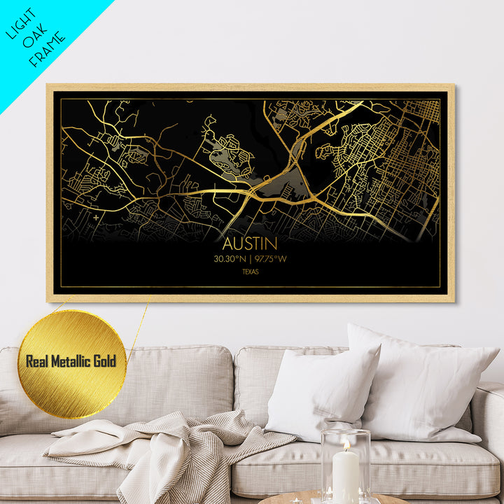 Austin Texas City Poster, Metallic Gold Art, Metal Art, real wood frames, black and gold, Map Art, Real Wood Frames, Travel Poster, Street Map Art