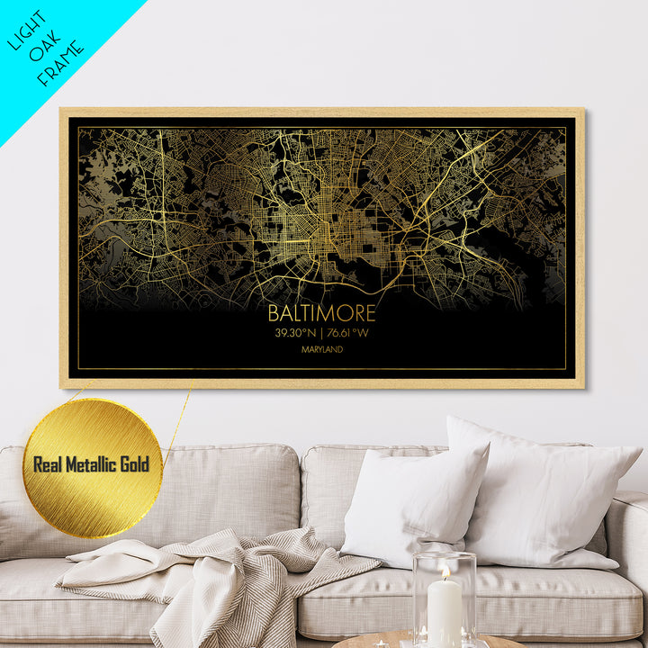 Baltimore Maryland City street map, Metallic Gold Print, Metal Art, wood framed map, black and gold, Street Map Art, Office Decor, Real Wood Frames