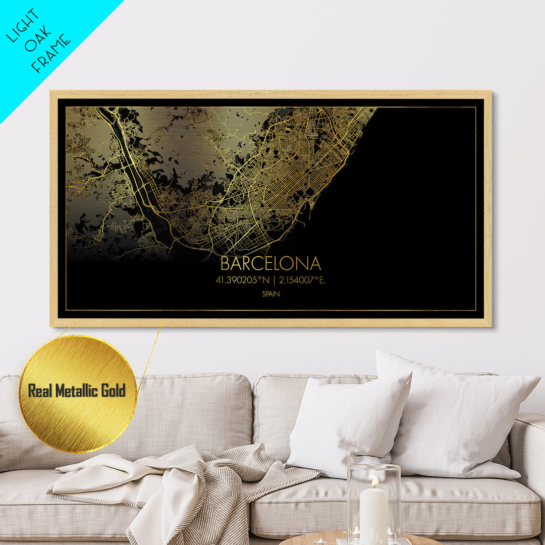 Barcelona Spain City street map, Metallic Gold Print, Metal Art, wood framed map, black and gold, Gold Street Map Art, Street Map Art, Modern House Art
