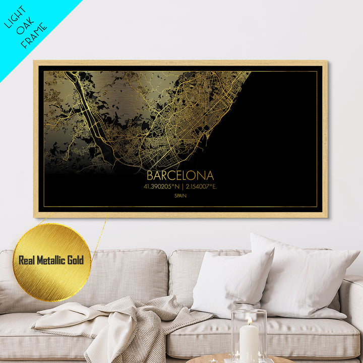Barcelona Spain City street map, Metallic Gold Print, Metal Art, wood framed map, black and gold, Gold Street Map Art, Street Map Art, Modern House Art