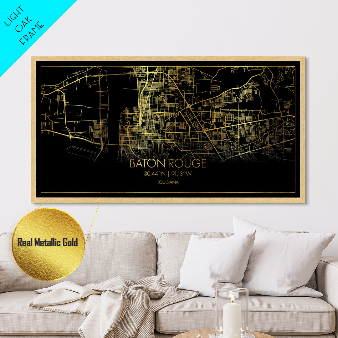 Baton Rouge Louisiana City Poster, Metallic Gold Art, Metal Art, real wood frames, black and gold, Map Print Poster, Travel Poster, Housewarming Gift