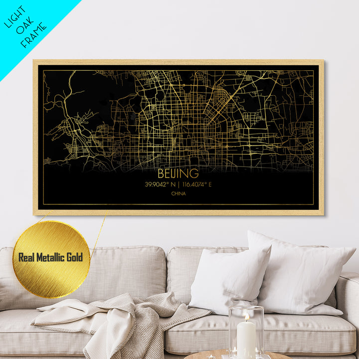 Beijing China City street map, Metallic Gold Print, Metal Art, wood framed map, black and gold, Street Map Art, Best Friend Gifts, Travel Poster