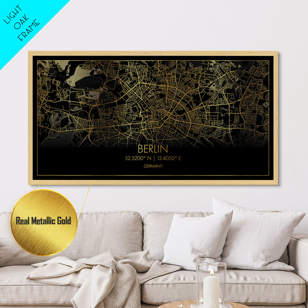 Berlin Germany City Poster, Metallic Gold Art, Metal Art, real wood frames, black and gold, Street Map Wall Art, Map Art, Real Wood Frames