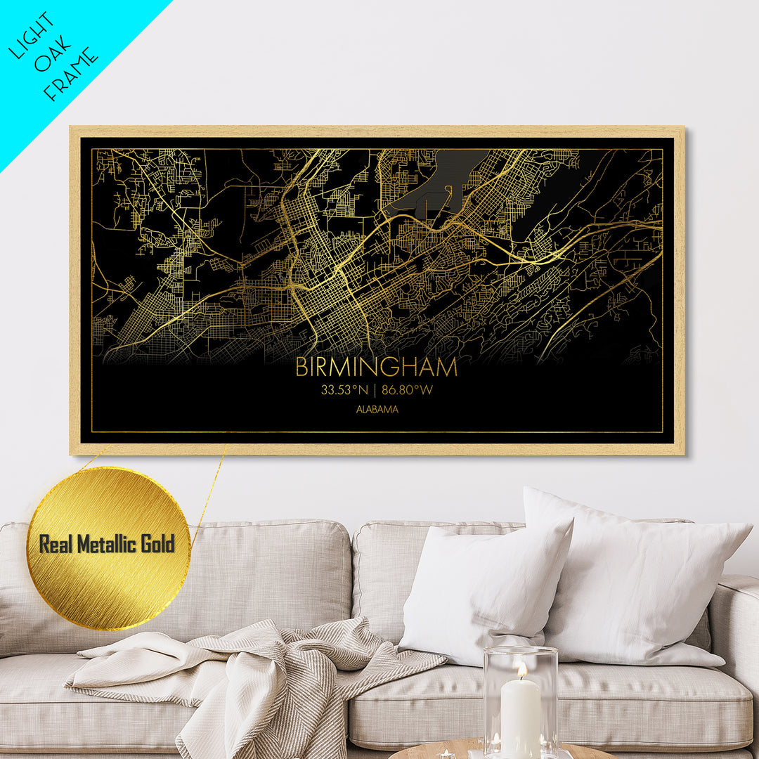 Birmingham Alabama City street map, Metallic Gold Print, Metal Art, wood framed map, black and gold, Travel Poster, Street Map Art, Housewarming Gift