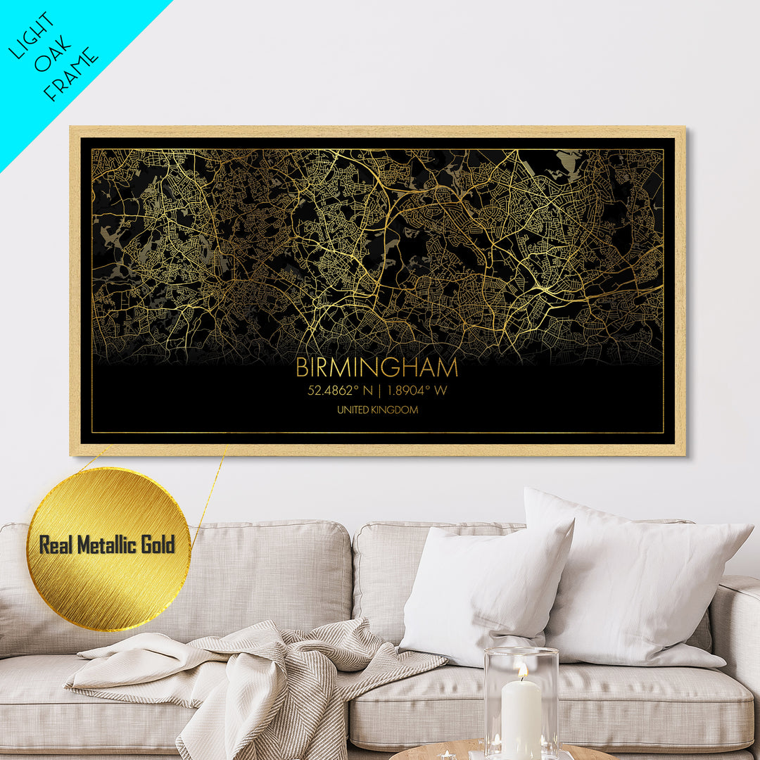Birmingham United Kingdom City Poster, Metallic Gold Art, Metal Art, real wood frames, black and gold, Street Map Art, Gold Street Map Art, Office Decor