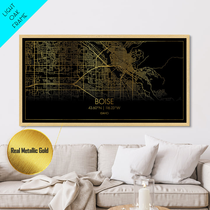 Boise Idaho City street map, Metallic Gold Print, Metal Art, wood framed map, black and gold, Map Art, Street Map Wall Art, College Dorm Décor