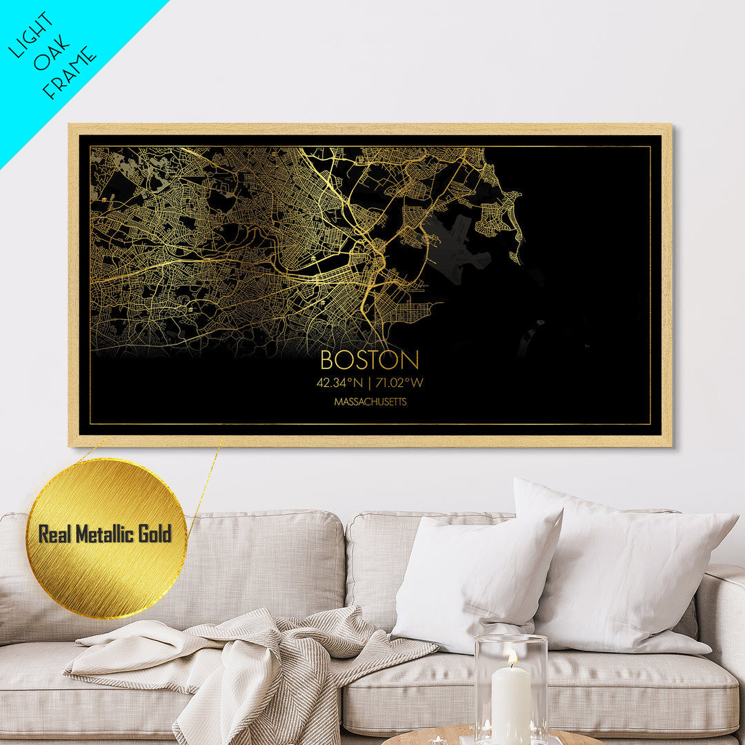 Boston Massachusetts City Poster, Metallic Gold Art, Metal Art, real wood frames, black and gold, Street Map Art, Modern Wall Art