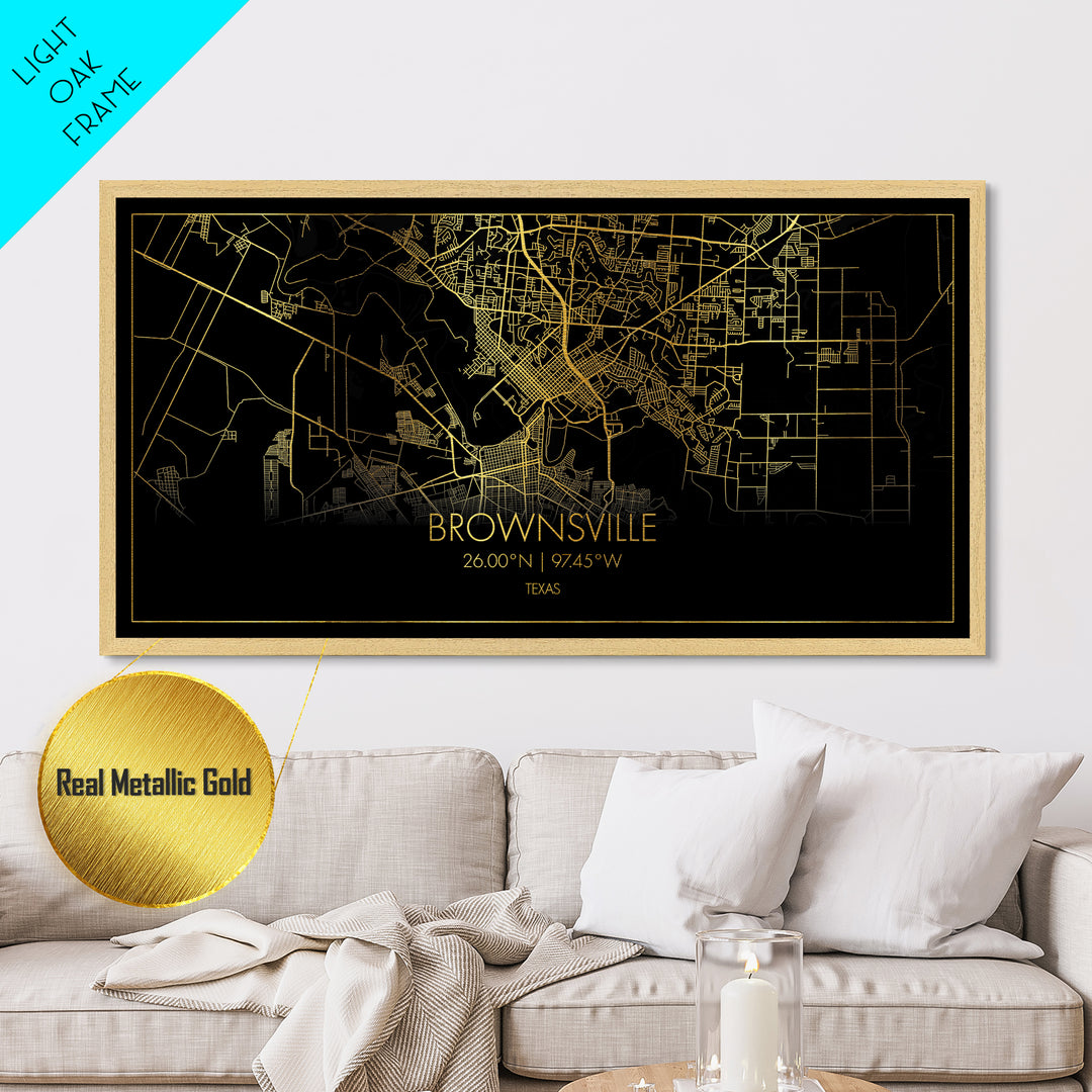 Brownsville Texas City street map, Metallic Gold Print, Metal Art, wood framed map, black and gold, Travel Poster, Street Map Art, Gold Street Map Art